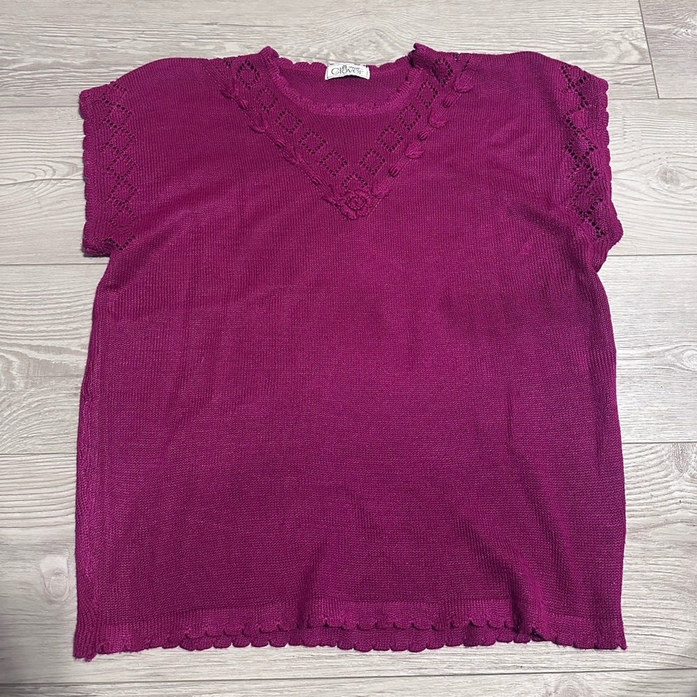 Vintage Clover Fuchsia Purple Knit Short Sleeve Top with Crochet Details, M